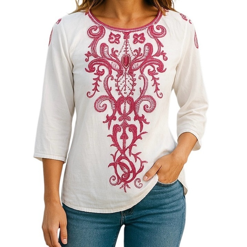 CHICO'S Anelle Blouse 3/4 sleeves Embroidered Embellished White Fuchsia Like new